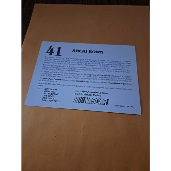 Vintage 1990 NASCAR Sheri Bown Driver Card #41 Speedcraft Auto Max 5x7 Camaro - Picture 2 of 2